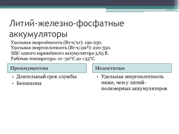 Литий-железно-фосфатные аккумуляторы Преимущества Недостатки Длительный срок службы Безопасны Удельная энергоплотность