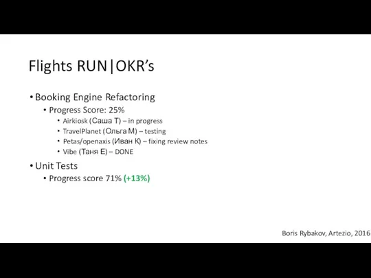 Flights RUN|OKR’s Boris Rybakov, Artezio, 2016 Booking Engine Refactoring Progress Score: 25% Airkiosk
