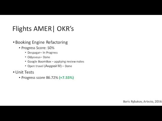 Flights AMER| OKR’s Boris Rybakov, Artezio, 2016 Booking Engine Refactoring Progress Score: 50%