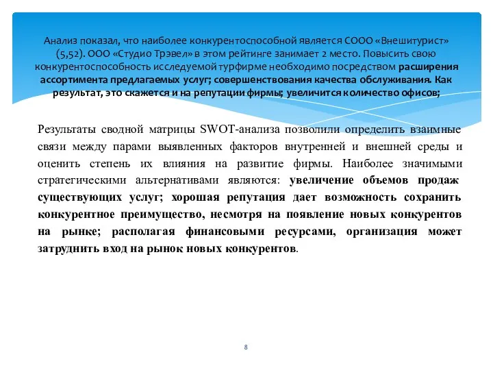 Анализ показал, что наиболее конкурентоспособной является СООО «Внешитурист» (5,52). ООО