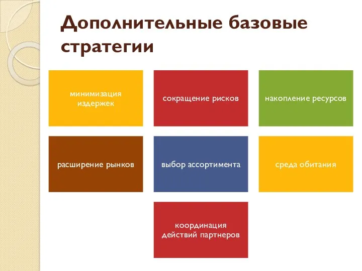 Дополнительные базовые стратегии минимизация издержек сокращение рисков накопление ресурсов расширение