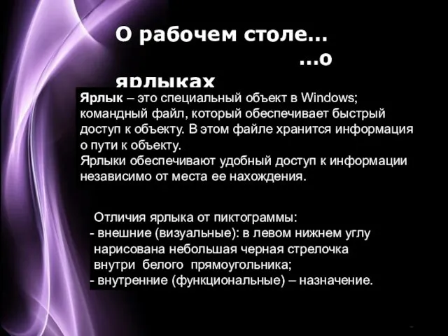 О рабочем столе… …о ярлыках Ярлык – это специальный объект