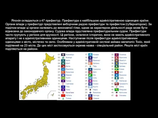 Японія складається з 47 префектур. Префектура є найбільшою адміністративною одиницею