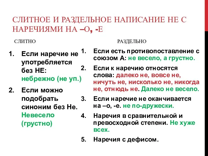 СЛИТНОЕ И РАЗДЕЛЬНОЕ НАПИСАНИЕ НЕ С НАРЕЧИЯМИ НА –О, -Е