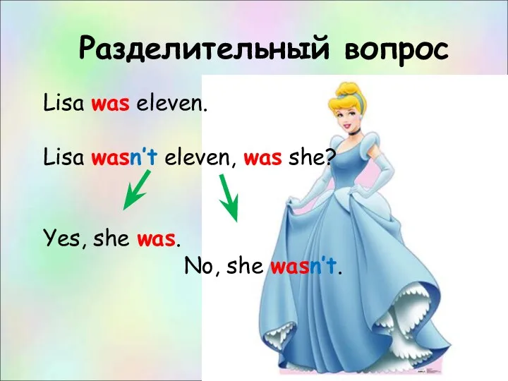 Разделительный вопрос Lisa was eleven. Lisa wasn’t eleven, was she? Yes, she was. No, she wasn’t.