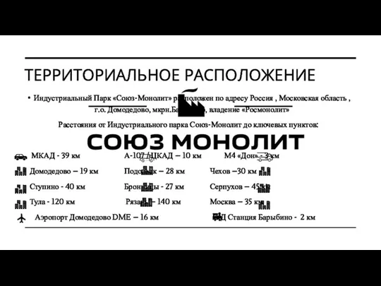 ТЕРРИТОРИАЛЬНОЕ РАСПОЛОЖЕНИЕ Индустриальный Парк «Союз-Монолит» расположен по адресу Россия , Московская область ,