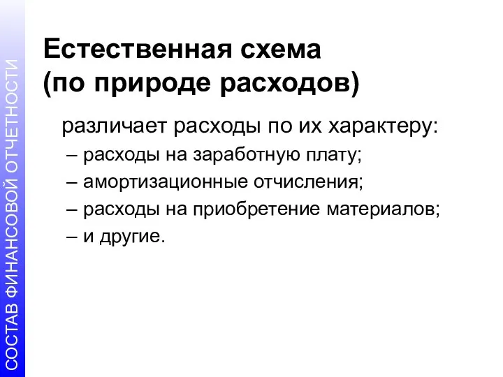 Естественная схема (по природе расходов) различает расходы по их характеру: