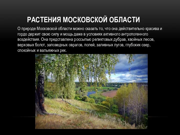 РАСТЕНИЯ МОСКОВСКОЙ ОБЛАСТИ О природе Московской области можно сказать то,