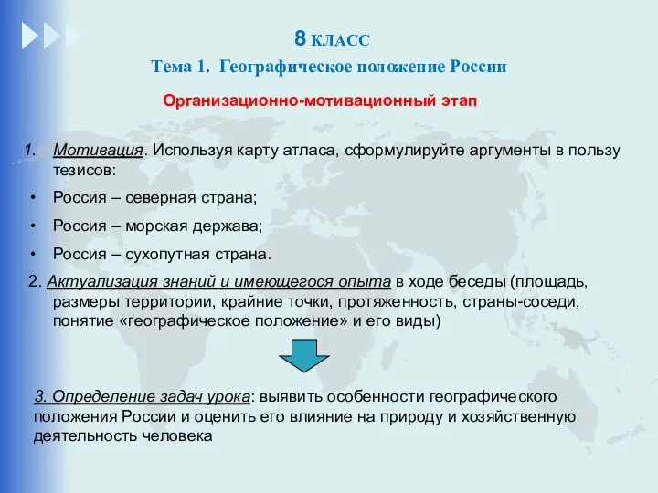 8 КЛАСС Тема 1. Географическое положение России Организационно-мотивационный этап Мотивация.