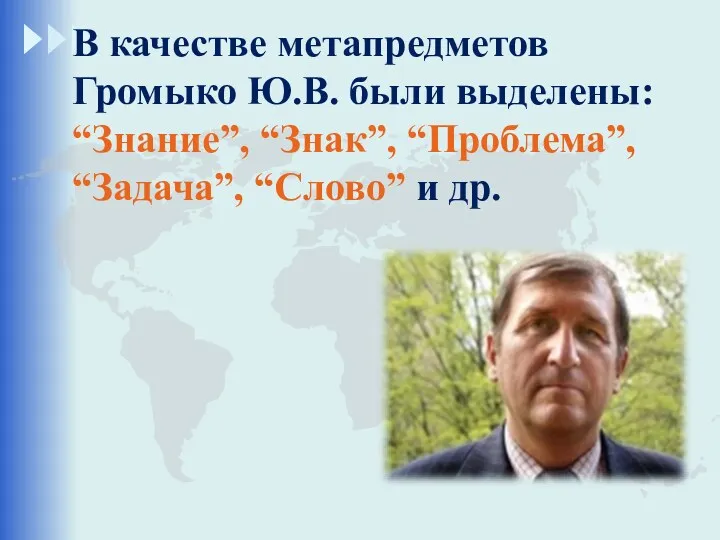 В качестве метапредметов Громыко Ю.В. были выделены: “Знание”, “Знак”, “Проблема”, “Задача”, “Слово” и др.