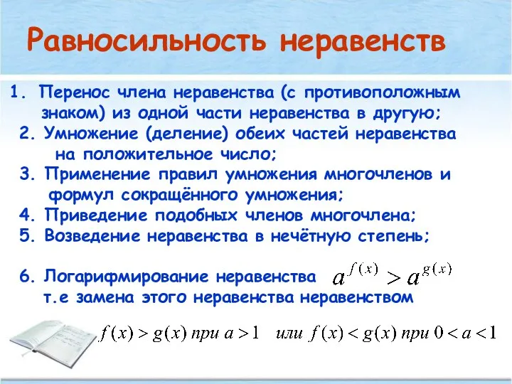 Равносильность неравенств Перенос члена неравенства (с противоположным знаком) из одной части неравенства в