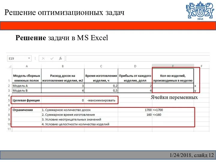 Решение оптимизационных задач Решение задачи в MS Excel 1/24/2018, слайд