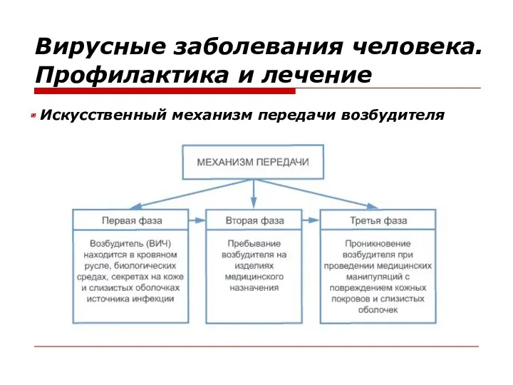 Вирусные заболевания человека. Профилактика и лечение Искусственный механизм передачи возбудителя