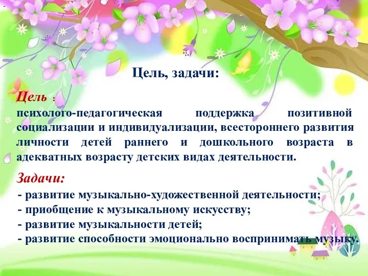 Цель, задачи: Цель : психолого-педагогическая поддержка позитивной социализации и индивидуализации,