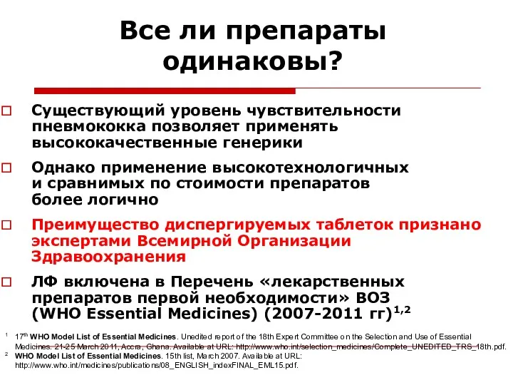 Все ли препараты одинаковы? Существующий уровень чувствительности пневмококка позволяет применять высококачественные генерики Однако