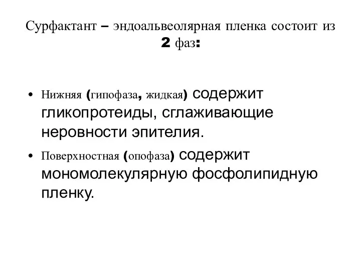 Сурфактант – эндоальвеолярная пленка состоит из 2 фаз: Нижняя (гипофаза, жидкая) содержит гликопротеиды,