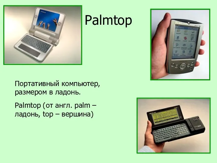 Palmtop Портативный компьютер, размером в ладонь. Palmtop (от англ. palm – ладонь, top – вершина)