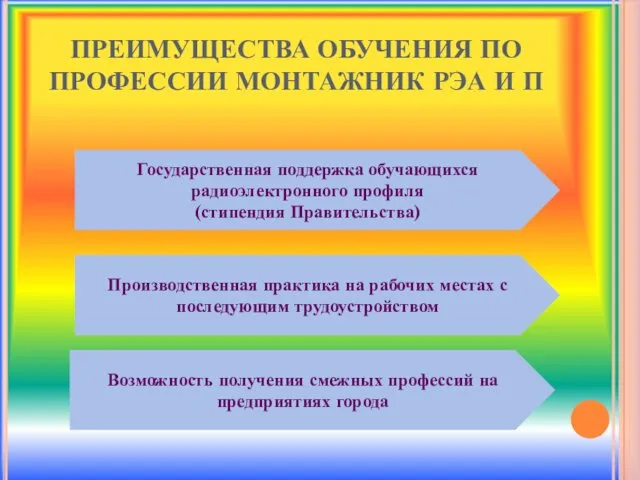 ПРЕИМУЩЕСТВА ОБУЧЕНИЯ ПО ПРОФЕССИИ МОНТАЖНИК РЭА И П Государственная поддержка обучающихся радиоэлектронного профиля