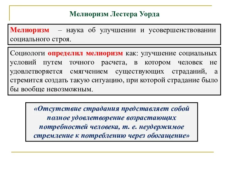 Мелиоризм Лестера Уорда Мелиоризм – наука об улучшении и усовершенствовании