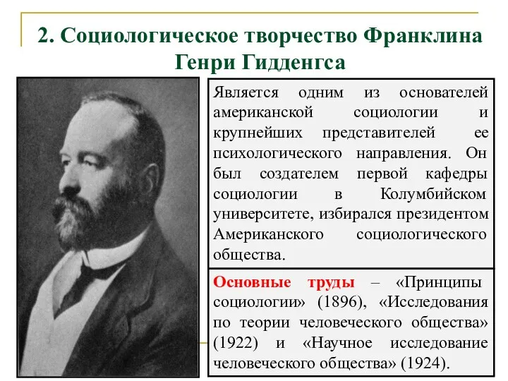 2. Социологическое творчество Франклина Генри Гидденгса Является одним из основателей