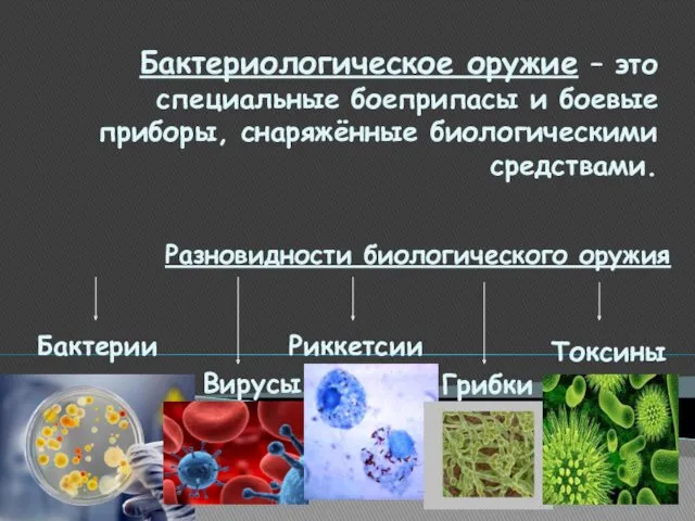 Бактериологическое оружие – это специальные боеприпасы и боевые приборы, снаряжённые