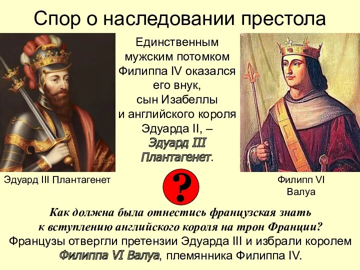 Спор о наследовании престола Единственным мужским потомком Филиппа IV оказался