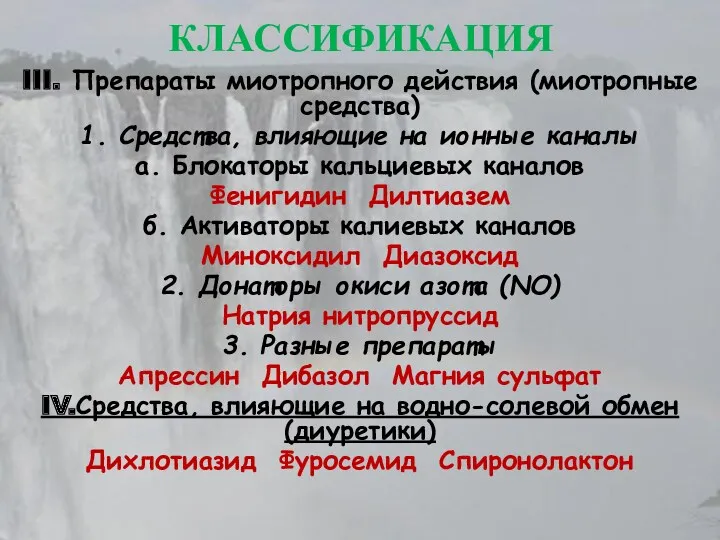 III. Препараты миотропного действия (миотропные средства) 1. Средства, влияющие на