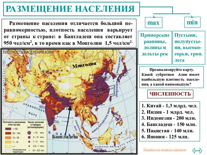 РАЗМЕЩЕНИЕ НАСЕЛЕНИЯ Размещение населения отличается большой не-равномерностью, плотность населения варьирует