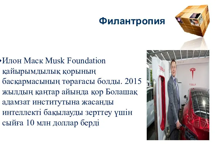 Филантропия Илон Маск Musk Foundation қайырымдылық қорының басқармасының төрағасы болды.