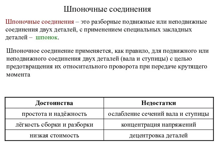 Шпоночные соединения Шпоночные соединения – это разборные подвижные или неподвижные