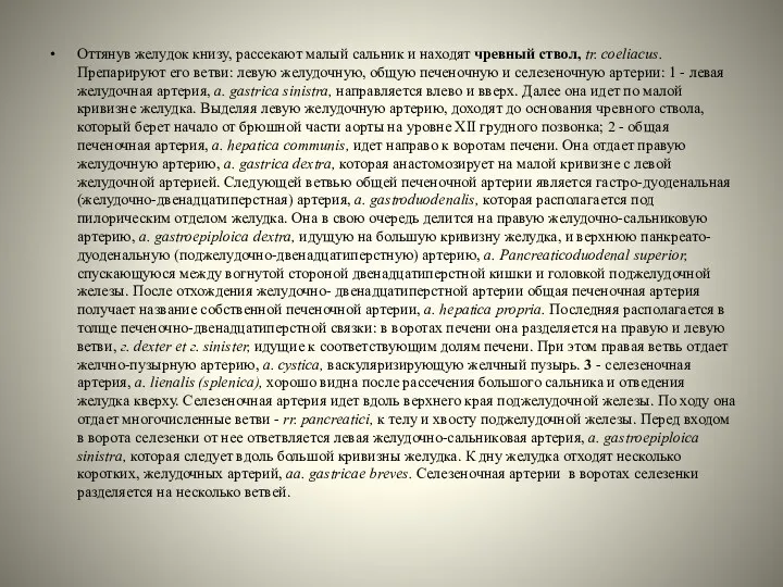 Оттянув желудок книзу, рассекают малый сальник и находят чревный ствол,