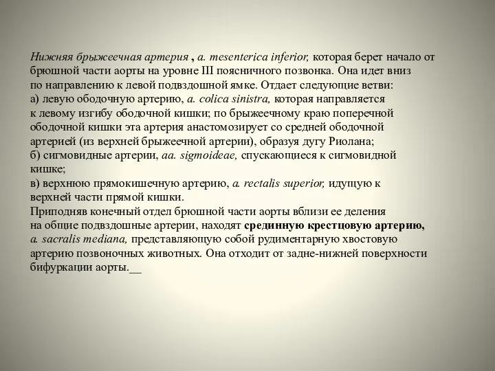 Нижняя брыжеечная артерия , a. mesenterica inferior, которая берет начало