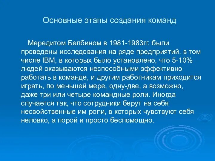 Основные этапы создания команд Мередитом Белбином в 1981-1983гг. были проведены