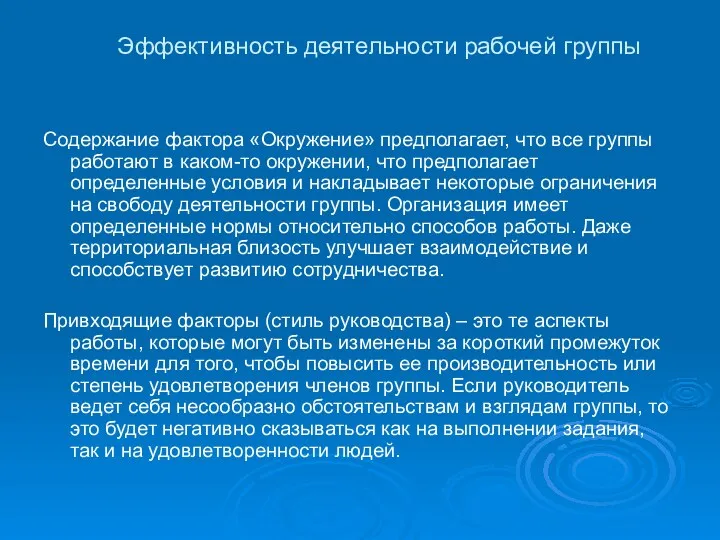 Эффективность деятельности рабочей группы Содержание фактора «Окружение» предполагает, что все