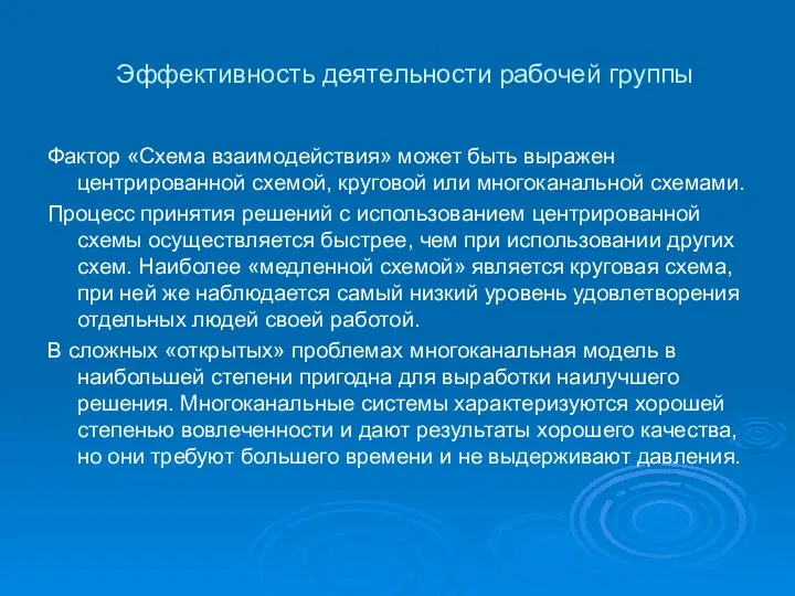 Эффективность деятельности рабочей группы Фактор «Схема взаимодействия» может быть выражен