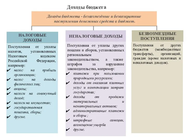 Поступления от уплаты налогов, установленных Налоговым кодексом Российской Федерации, например:
