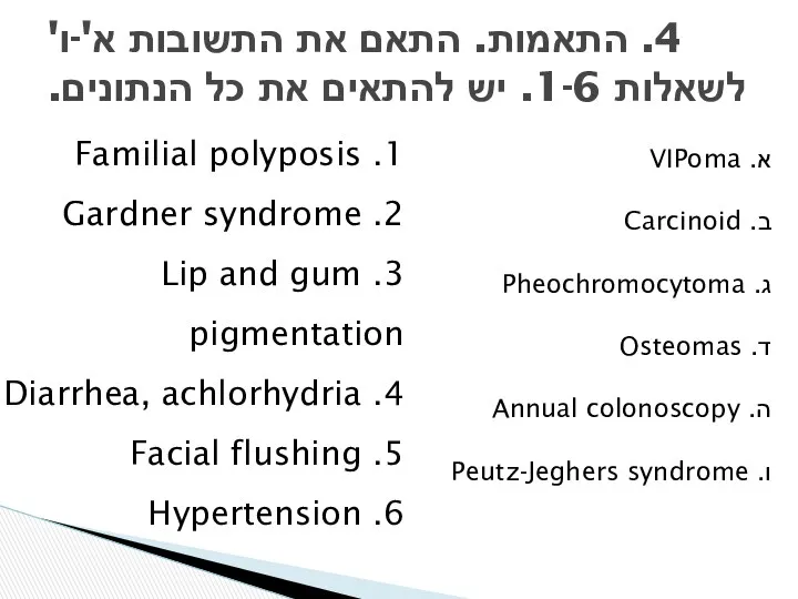 א. VIPoma ב. Carcinoid ג. Pheochromocytoma ד. Osteomas ה. Annual