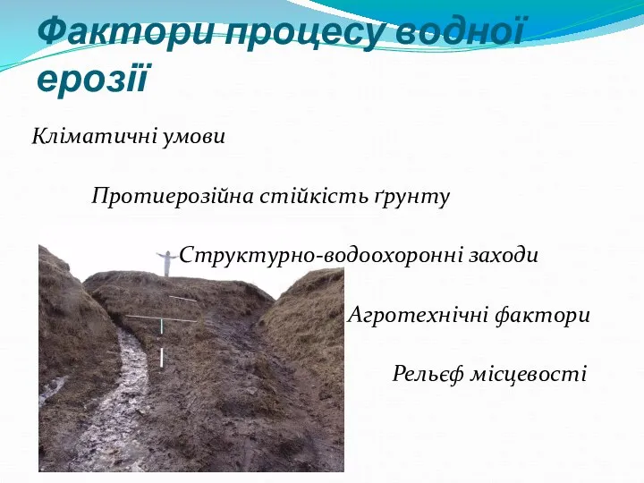 Фактори процесу водної ерозії Кліматичні умови Протиерозійна стійкість ґрунту Структурно-водоохоронні заходи Агротехнічні фактори Рельєф місцевості