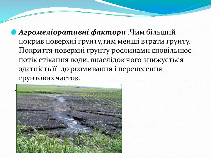 Агромеліоративні фактори .Чим більший покрив поверхні грунту,тим менші втрати грунту.