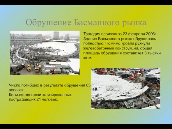 Обрушение Басманного рынка Трагедия произошла 23 февраля 2006г. Здание Басманного рынка обрушилось полностью.