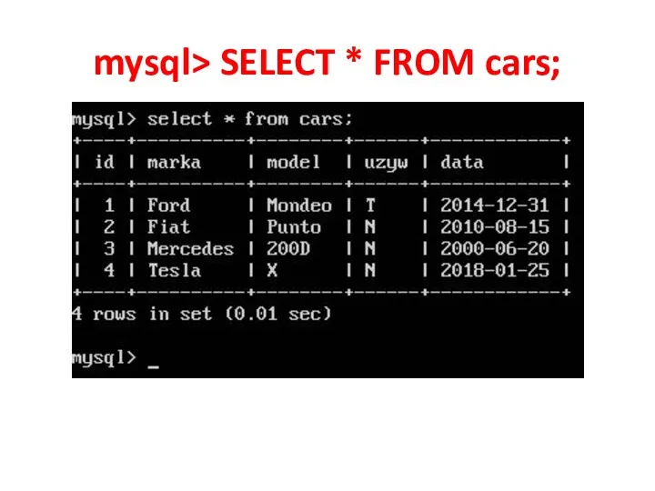 mysql> SELECT * FROM cars;