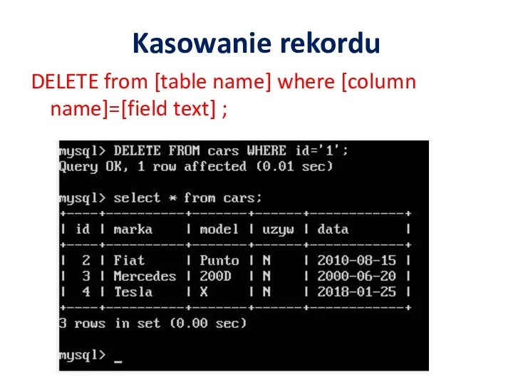 Kasowanie rekordu DELETE from [table name] where [column name]=[field text] ;