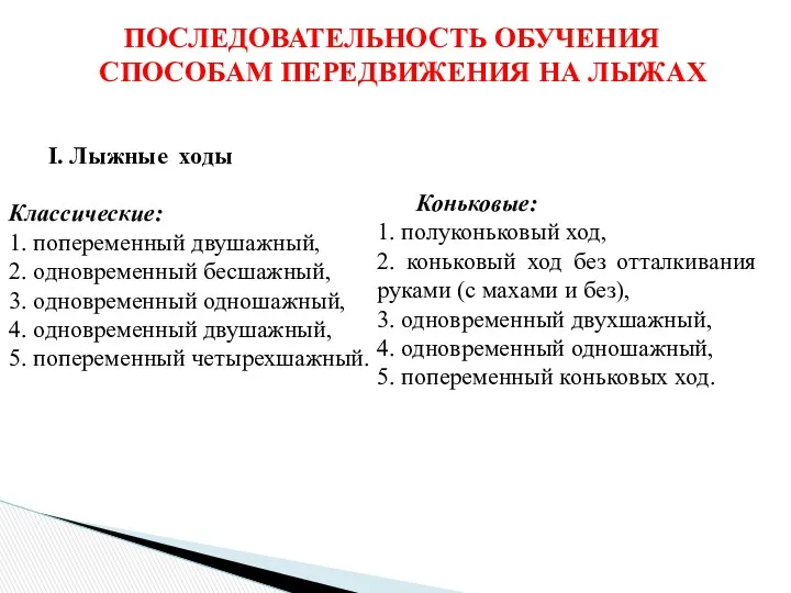 ПОСЛЕДОВАТЕЛЬНОСТЬ ОБУЧЕНИЯ СПОСОБАМ ПЕРЕДВИЖЕНИЯ НА ЛЫЖАХ I. Лыжные ходы Классические: