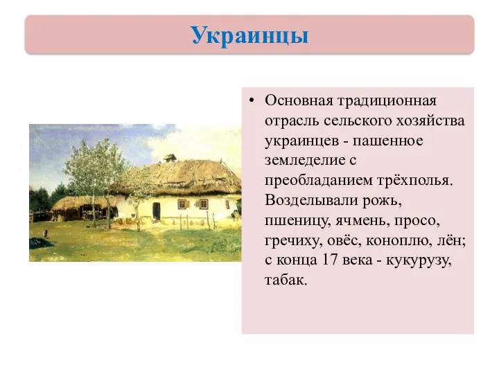 Основная традиционная отрасль сельского хозяйства украинцев - пашенное земледелие с преобладанием трёхполья. Возделывали