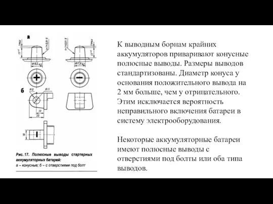 К выводным борнам крайних аккумуляторов приваривают конусные полюсные выводы. Размеры