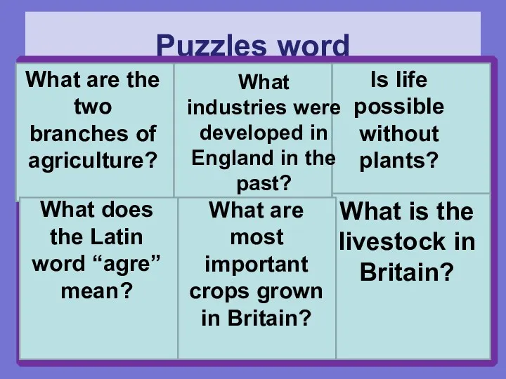 Puzzles word What are the two branches of agriculture? What industries were developed
