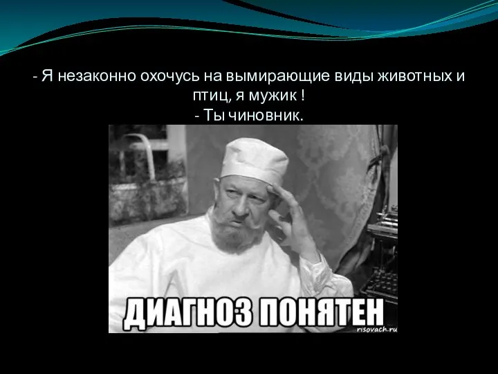 - Я незаконно охочусь на вымирающие виды животных и птиц, я мужик ! - Ты чиновник.