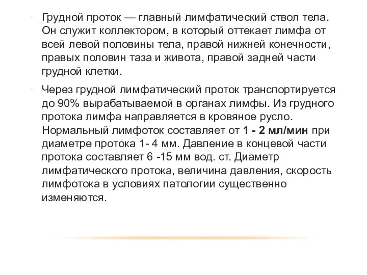 Грудной проток — главный лимфатический ствол тела. Он служит коллектором,