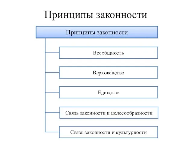 Принципы законности Принципы законности Связь законности и культурности Связь законности и целесообразности Единство Верховенство Всеобщность