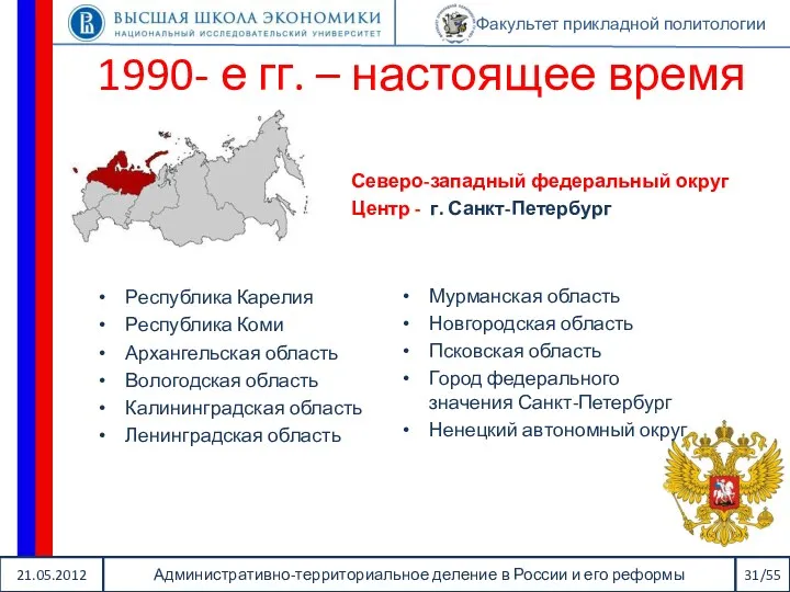 21.05.2012 Административно-территориальное деление в России и его реформы 31/55 Факультет